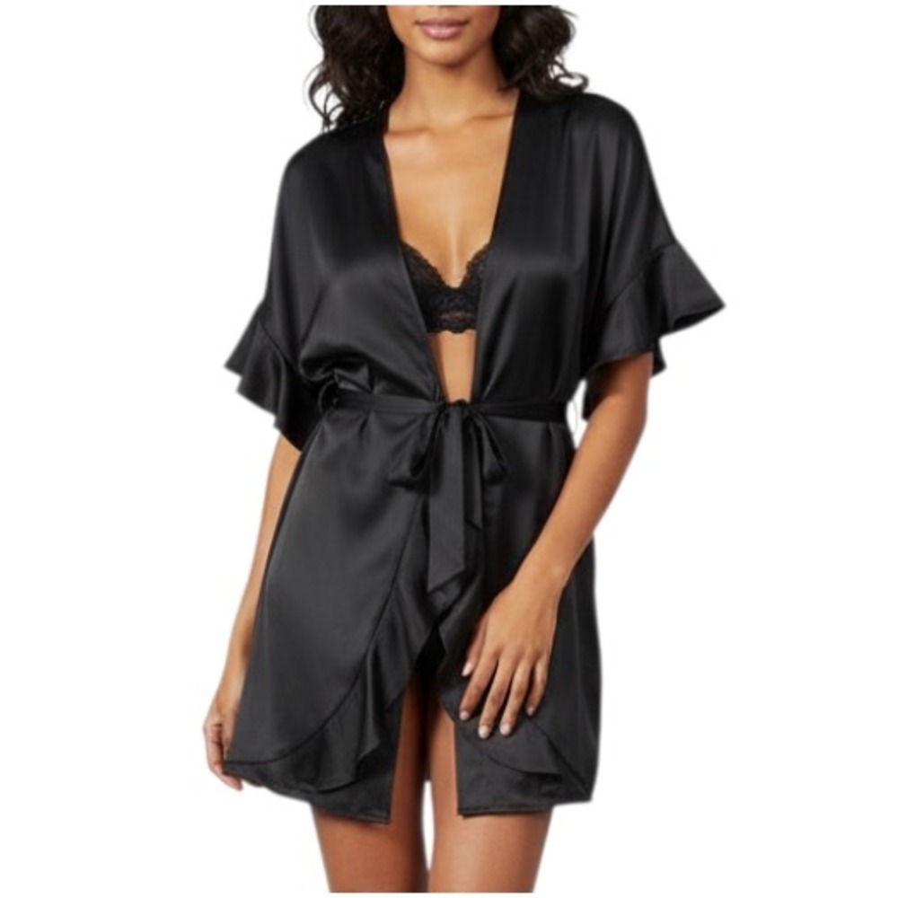 VICTORIA'S SECRET Black Satin Short KIMONO Robe RUFFLE TRIM Short Sleeves OS/S/M